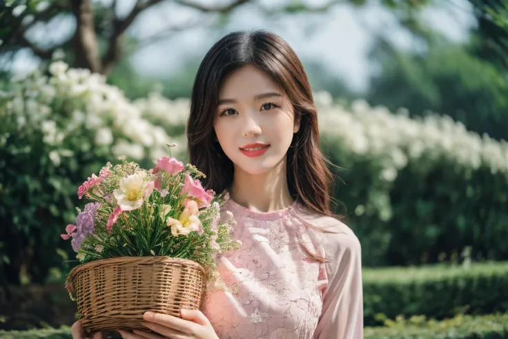（Realistic, photo-Realistic:1.37),(8K, RAW Photos, Highest quality, masterpiece:1.2), cute, Ultra-detailed, 超High resolution, Kodak Vision Color, Filmed with an Arricam LT camera,Highest quality, Lively, 8K, High resolution, 1 girl, Escape, (Professional Lighting), (Portraiture:0.6), Black Hair, (Medium Hair）,22 years old、loristさん、Wear an apron、Make a bouquet、Florist、Surrounded by lots of flowers、smile、Bun Head、Upper Bodylower Hair Ornaments、Watering the flowers、Rose、
