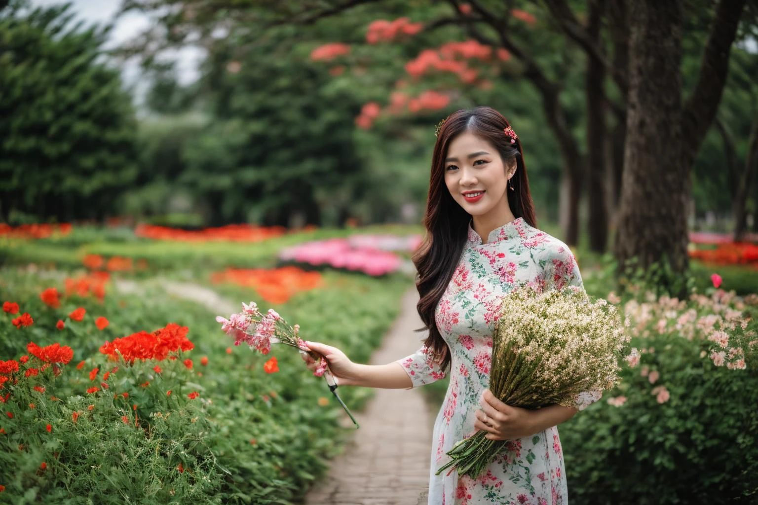aodai, smile, photographed on a Nikon Z7 II Mirrorless Camera,120mm F/4 wide-angle
a woman in a pink dress with flowers in it and a (basket of flowers), Ding Yunpeng, phuoc quan, a stock photo, art photography
a woman in a white dress holding a bouquet of flowers, Byeon Sang-byeok, portrait photography, a stock photo, art photography
1girl, aodai, photo art, (flowers:1.2), tree, <lora:aodai_SD_chiasedamme_v02:0.6>, a stunning photo with beautiful saturation, ultra high res,(realistic:1.4)),deep shadow,(best quality, masterpiece), pale skin, dimly lit, shade, flustered, blush, highly detailed, skinny, BREAK depth of field, film grain, wrinkled skin, looking at viewer, knee, warm smile, <lora:girl_SDLife_Chiasedamme_v2.3:0.35> <lora:more_details:0.3> <lora:add_detail:0.3>