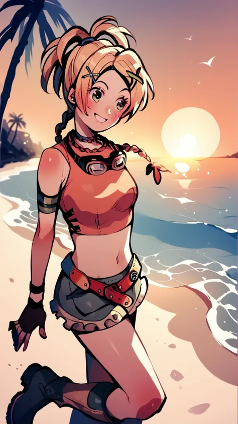 score_9,score_8_up,score_7_up,score_6_up,score_5_up,score_4_up BREAK 1girl,blush,(shiny skin:0.7),skinny,choker,outdoors,beach,bloom,pose,ocean,sand,palm tree,sunset,medium breasts,smile,<lora:RikkuX_XLPD:0.9>,RikkuX,x hair ornament,goggles around neck,fingerless gloves,midriff,navel,belt,boots,