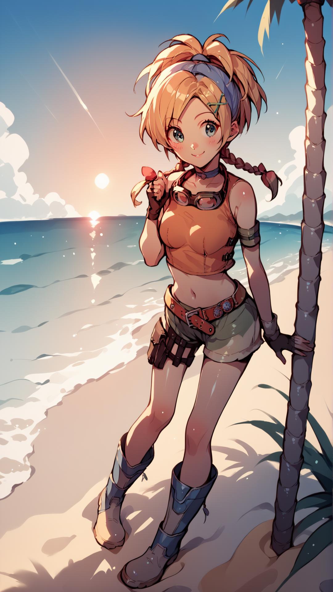 A woman standing on a beach next to a palm tree - SeaArt AI