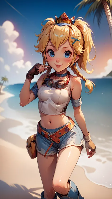 score_9,score_8_up,score_7_up,score_6_up,score_5_up,score_4_up BREAK source_anime,<lora:Princess_Peach_Shiny_Style_V2:1>,1girl,blush,shiny skin,blonde hair,skinny,blue eyes,crown,gloves,choker,outdoors,beach,bloom,pose,ocean,sand,palm tree,sunset,medium breasts,smile,cute,<lora:RikkuX_XLPD:0.8>,RikkuX,x hair ornament,goggles around neck,fingerless gloves,midriff,navel,belt,boots,blue headband,