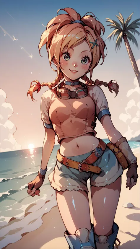 score_9,score_8_up,score_7_up,score_6_up,score_5_up,score_4_up BREAK source_anime,<lora:Princess_Peach_Shiny_Style_V2:0.8>,1girl,blush,shiny skin,skinny,choker,outdoors,beach,bloom,pose,ocean,sand,palm tree,sunset,medium breasts,smile,cute,<lora:RikkuX_XLPD:0.8>,RikkuX,x hair ornament,goggles around neck,fingerless gloves,midriff,navel,belt,boots,navel,blue headband,