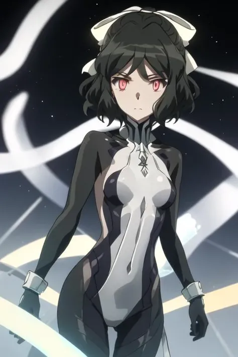 best quality, masterpiece, highres, solo, {kohinata_miku_senkizesshousymphogear:1.15}, short_hair, black_hair, green_eyes, bow, ribbon, hair_bow, hair_ribbon, 1girl, breasts, small_breasts, upper_body, closed_mouth, red_eyes, bodysuit, jewelry