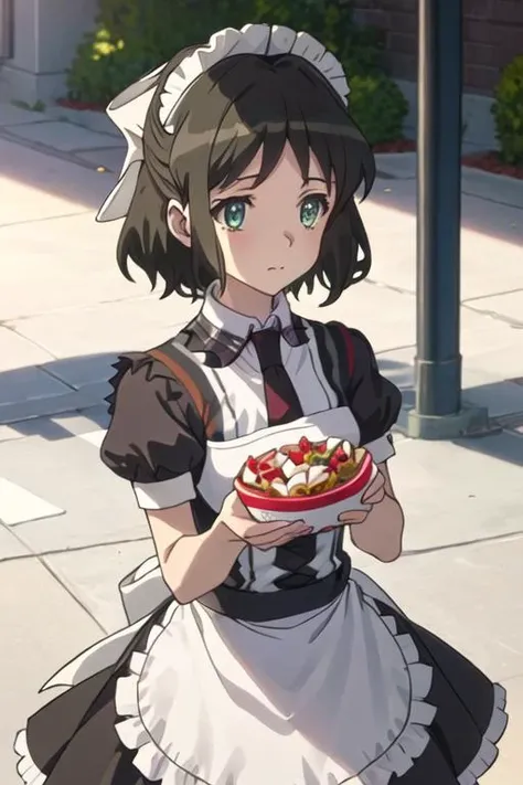 best quality, masterpiece, highres, solo, {maid:1.40}, {long maid dress:1.15}, {kohinata_miku_senkizesshousymphogear:1.15}, short_hair, black_hair, green_eyes, bow, ribbon, hair_bow, hair_ribbon