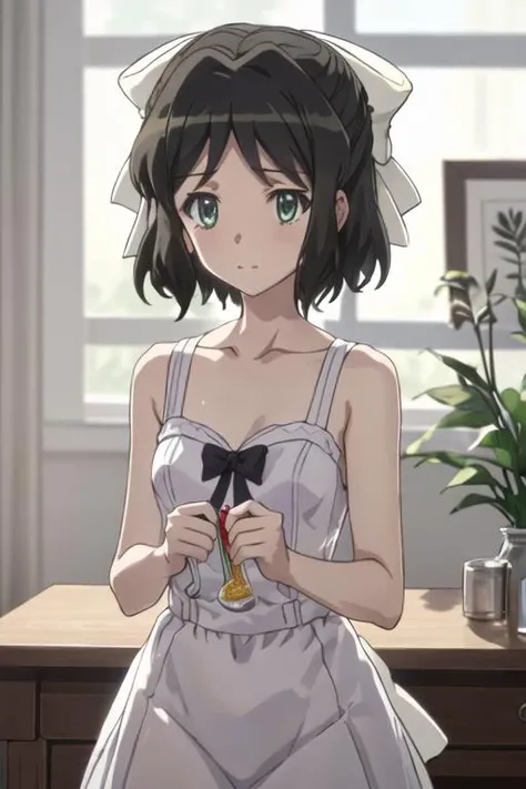 best quality, masterpiece, highres, solo, {kohinata_miku_senkizesshousymphogear:1.15}, short_hair, black_hair, green_eyes, bow, ribbon, hair_bow, hair_ribbon, 1girl, upper_body, collarbone