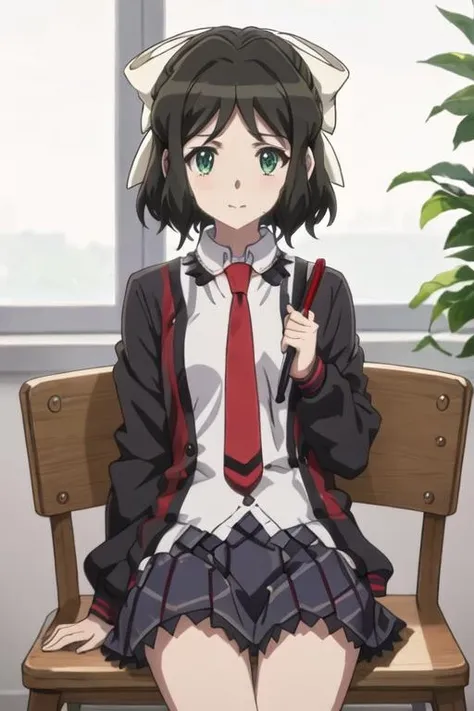 best quality, masterpiece, highres, solo, {kohinata_miku_senkizesshousymphogear:1.15}, short_hair, black_hair, green_eyes, bow, ribbon, hair_bow, hair_ribbon, multiple_girls, necktie, school_uniform, 2girls, anime_coloring, red_necktie, solo_focus