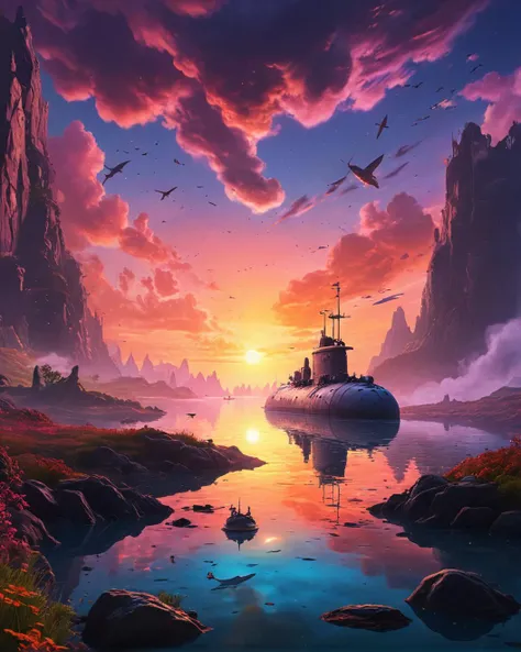 fairytale trip of a landscape of a Lifeless Hammerfell and Nuclear submarine, at Dawn, Fantasy, Arte Povera, wallpaper, surrealism, <lora:dare_fairytale_trip:1>, psychedelic trip