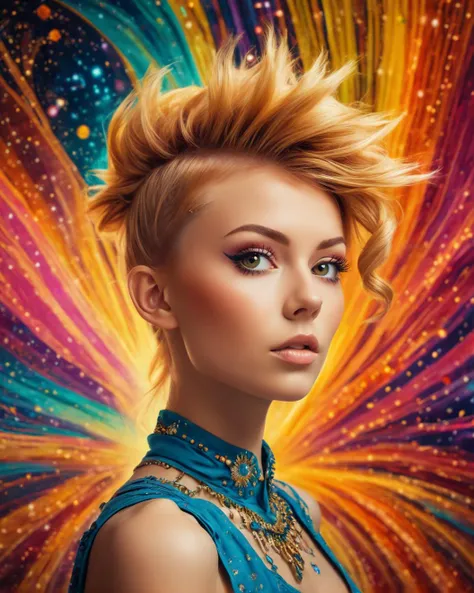fairytale trip of a slender Female, Honey hair styled as Fauxhawk, Wide view, womanly, abstract, <lora:dare_fairytale_trip:1>, psychedelic trip