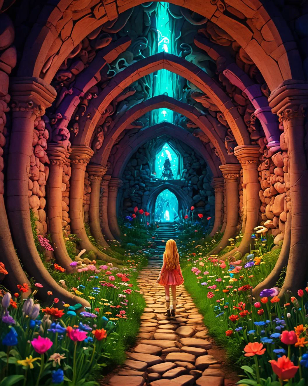fairytale trip of a ("What's love got to do with it?":1.1) , dense dungeon, Spring, <lora:dare_fairytale_trip:1>, psychedelic trip
