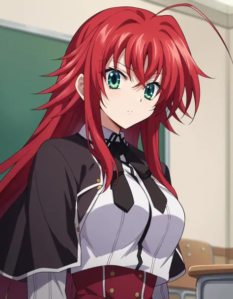 score_9, score_8_up, score_7_up, source_anime,
riasgremory, <lora:rias-gremory-ponyxl-lora-nochekaiser:1>,
rias gremory, huge ahoge, long hair, hair between eyes, green eyes, red hair,
shirt, ribbon, school uniform, white shirt, black ribbon, neck ribbon, capelet, black capelet, long sleeves, skirt, red skirt,
indoors, classroom,
looking at viewer, dutch angle, cowboy shot,