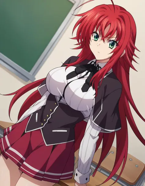 score_9, score_8_up, score_7_up, source_anime,
riasgremory, <lora:rias-gremory-ponyxl-lora-nochekaiser:1>,
rias gremory, huge ahoge, long hair, hair between eyes, green eyes, red hair,
shirt, ribbon, school uniform, white shirt, black ribbon, neck ribbon, capelet, black capelet, long sleeves, skirt, red skirt,
indoors, classroom,
looking at viewer, dutch angle, cowboy shot,