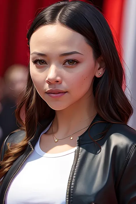 photo of (mel0neil:0.99), a woman as a movie star, modelshoot style, (extremely detailed CG unity 8k wallpaper), photo of the most beautiful artwork in the world, professional majestic oil painting by Ed Blinkey, Atey Ghailan, Studio Ghibli, by Jeremy Mann, Greg Manchess, Antonio Moro, trending on ArtStation, trending on CGSociety, Intricate, High Detail, Sharp focus, dramatic, photorealistic painting art by midjourney and greg rutkowski, (black leather jacket:1.1), (black t-shirt:1.1), (trousers), (cleavage:1.1), ((oscars ceremony)), ((standing on the red carpet)), ((paparazzi in the background)), (looking at viewer:1.3), (detailed pupils:1.3), (modern outfit:1.2), (closeup:1.1)