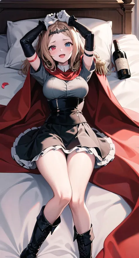 (((masterpiece,high resolution,best quality))), 1girl, solo,wine bottle,bare legs,
large breasts, lying, on back, petals, looking at viewer, armpits, open mouth, solo, blush, wet clothes, heart, arms up, wet, bed sheet,
origin, 1girl, red cape, boots, gloves,epaulettes, black corset, corset, black gloves, :d, black skirt <lora:archetto-pynoise-000011:1>