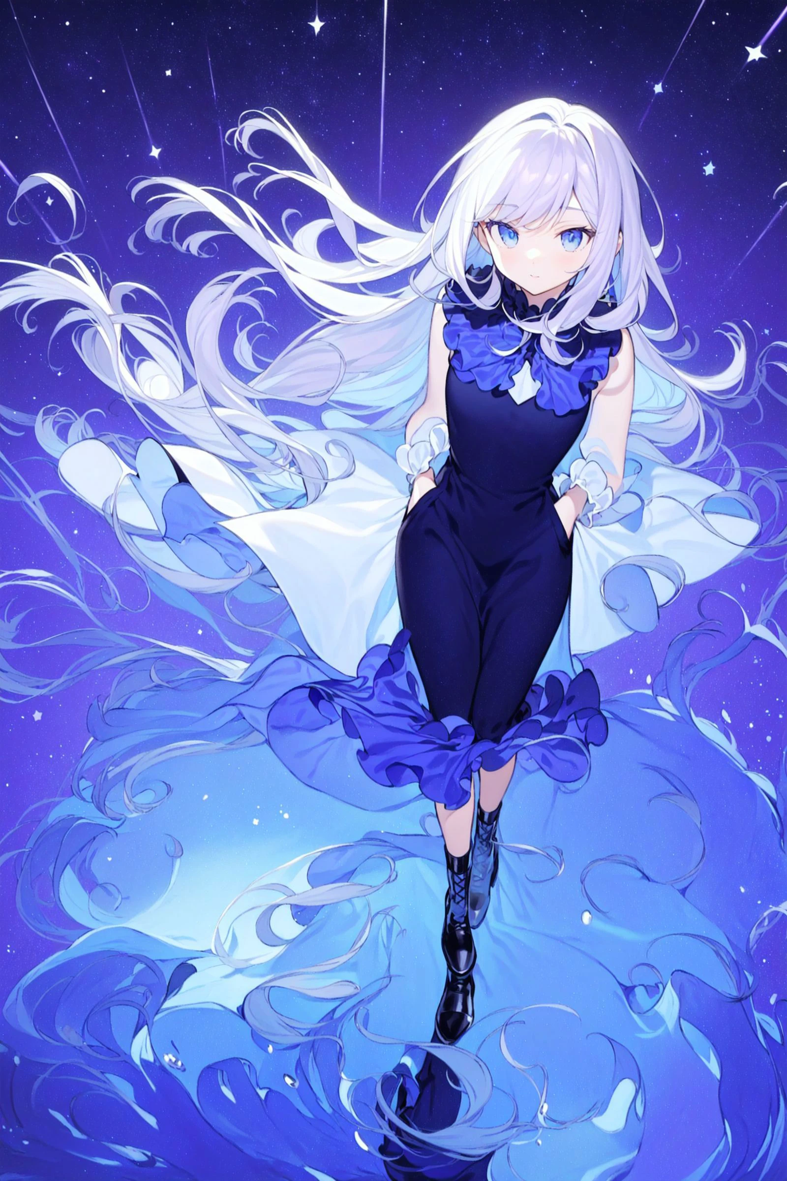 masterpiece,(best quality),(1girl) ,solo,(high contrast:1.2),(high saturation:1.2), ((hands on the pocket)),<lora:ArknightsIrene_hard:0.3>,((black and white sdress)),looking at viewer,((purple and blue theme:1.3)),((purple and blue background:1.5)),white hair,blue eyes,((walking:1.3)),full body,black footwear,((the blue water on ground reflecting the starry sky and nebula and galaxy)),((from above:1.2)) <lora:jX[P|:0.6>