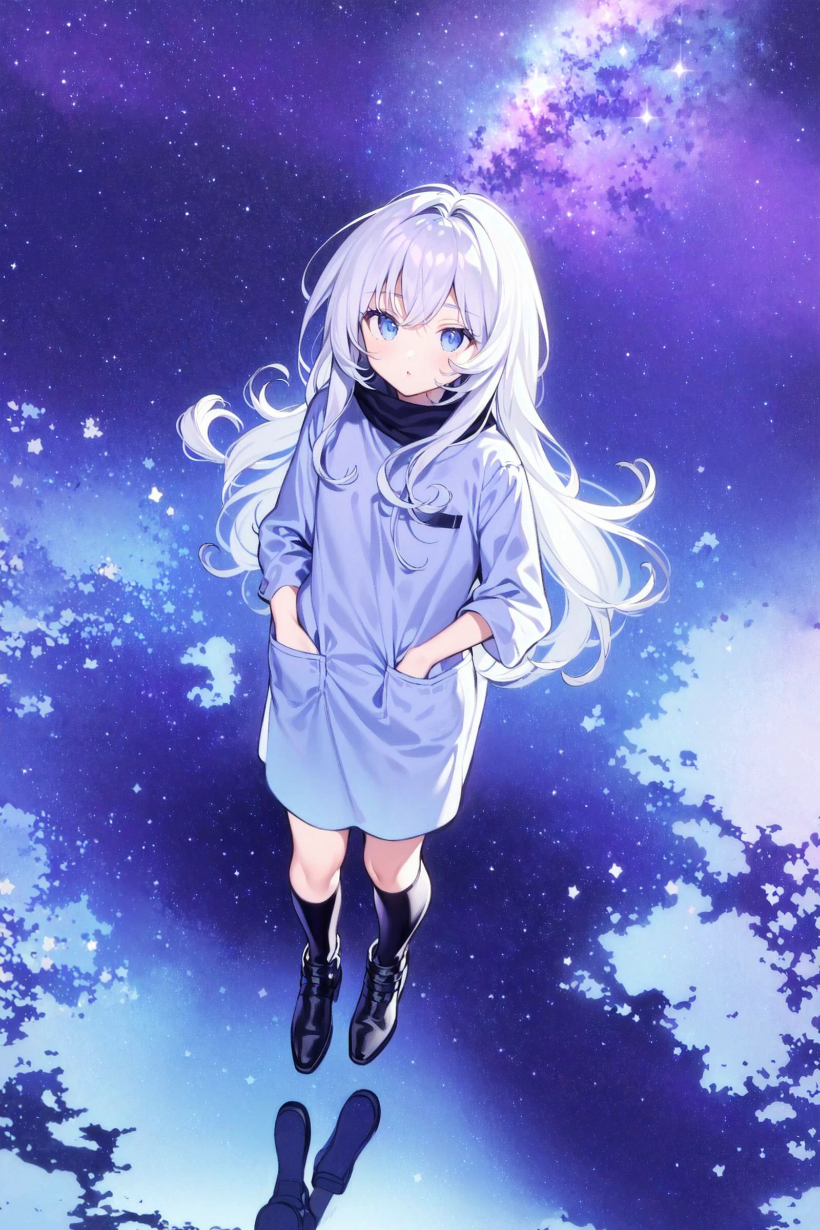 masterpiece,(best quality),(1girl) ,solo,(high contrast:1.2),(high saturation:1.2), ((hands on the pocket)),<lora:ArknightsIrene_hard:0.3>,((black and white sdress)),looking at viewer,((purple and blue theme:1.3)),((purple and blue background:1.5)),white hair,blue eyes,((walking:1.3)),full body,black footwear,((the blue water on ground reflecting the starry sky and nebula and galaxy)),((from above:1.2)) <lora:jX[P|:0.6>