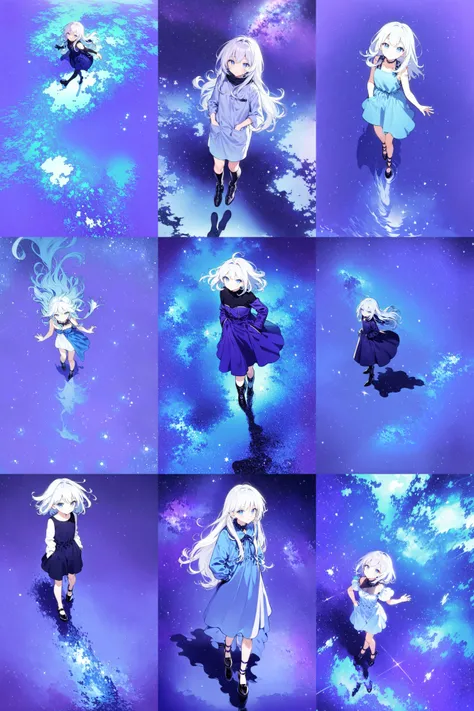 masterpiece,(best quality),(1girl) ,solo,(high contrast:1.2),(high saturation:1.2), ((hands on the pocket)),<lora:ArknightsIrene_hard:0.3>,((black and white sdress)),looking at viewer,((purple and blue theme:1.3)),((purple and blue background:1.5)),white hair,blue eyes,((walking:1.3)),full body,black footwear,((the blue water on ground reflecting the starry sky and nebula and galaxy)),((from above:1.2)) <lora:jX[P|:0.6>