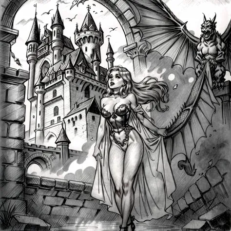 drawix1 girl, castle and dragon <lora:drawix1-sd1.5:0.7>