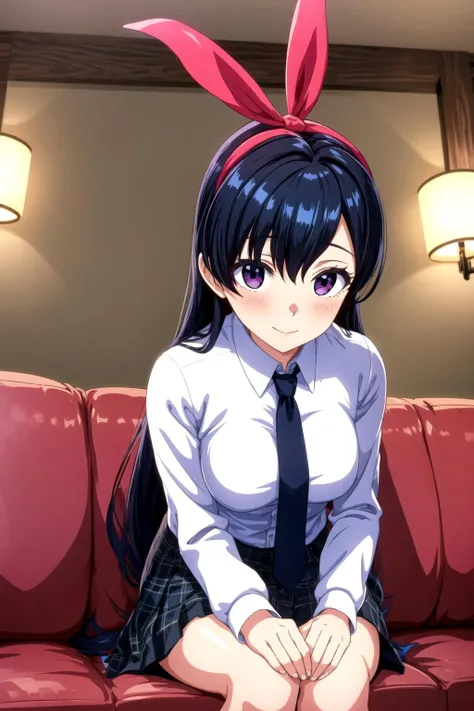 MGCM ira, long hair, black hair, hair ribbon, purple eyes, MGCM costume, white shirt, long sleeves, black necktie, pleated skirt, black socks, brown footwear, <lora:MGCM_ira_ep15:0.7>, BREAK (medium breasts), anmnr, <lora:anmnr01:0.17>, beautiful, masterpiece, 8K resolution, extremely detailed face, 1girl, Beautiful woman, 20 years old, eye highlights, (from below), looking at viewer, smile, blush, BREAK (sit on the sofa:1.2), (fold your arms:1.1), BREAK anime background, indoors, black sofa, karaoke box, private room, karaoke, mesmerizing lighting, concrete wall, <lora:flat2-dim1:-0.5>