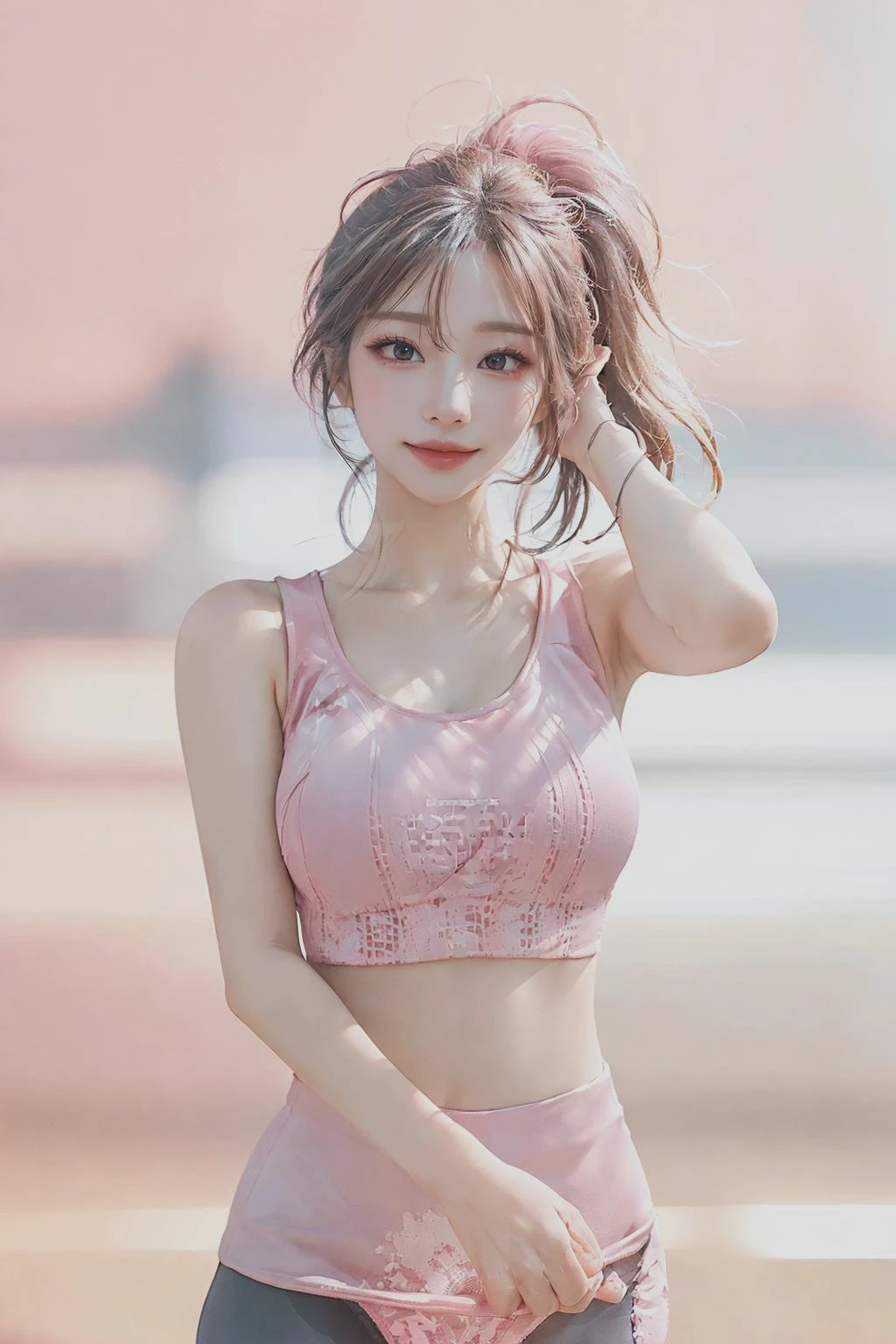 <lora:depth_of_field_slider_v1:-7.5>, (depth of field:1.5), (pink background, simple background:1.2), (cowboy shot:1.5),
((best quality photography, professional photography:1.5)), (glamour shot of girl:1.2), (professional lighting), (dramatic backlighting),looking at viewer,
best photo pose, 1girl, detail skin texture, (black hair:1.3), ponytail, light smile, makeup, lips, sagging breasts, sharp jawline,
(white tank top:1.5), (pink yoga leggings:1.5),
<lora:koreanDollLikeness:0.4>, <lora:JapaneseDollLikeness_v15:0.3>,
((8K, UHD, RAW)), (masterpiece, best quality), ((highly and ultra realistic)), (photorealistic:1.4), (chromatic aberration),
High quality texture, High quality shadow, extremely intricate detail, ((extremely delicate and beautiful)), ((beautiful and aesthetic)),
(korean mixed, korean girl, gorgeous beautiful-25 age years old-women), (pureerosface_v1:0.8), (ulzzang-6500-v1.1:0.4),
