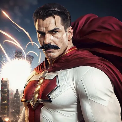 Omniman768, close up portrait, rage, in a white and red superhero suit, flying through the air with fire in the background and a city in the background, photography, trending on artstation, sharp focus, studio photo, intricate details, highly detailed, by greg rutkowski  <lora:Omniman768:0.6>