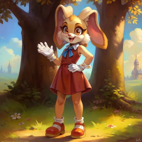 <lora:Creamtherabbit:1>, masterpiece, best quality, (by Ulitochka, by Levelviolet, by Kenket, by Buta99)),, 1girl, solo, open mouth, gloves, dress, ribbon, animal ears, brown eyes, standing, full body, shoes, sleeveless, white gloves, rabbit ears, flat chest, tree, neck ribbon, sleeveless dress, red dress, blue ribbon, child, furry, rabbit girl, furry female, hand on hip, collared dress, female child, body fur, animal nose, yellow footwear, orange dress, yellow fur, cream the rabbit , sonic the hedgehog \(series\), waving,