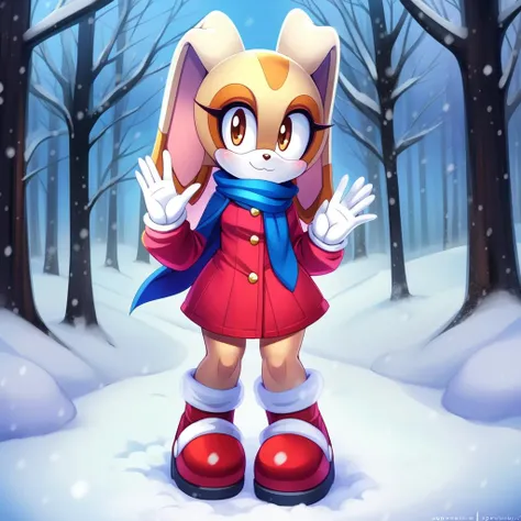<lora:Creamtherabbit:1>, masterpiece, best quality, uploaded on e621, ((by marthedog, by doomthewolf, by naoto oshima)) 1girl, solo, looking at viewer, smile, gloves, animal ears, brown eyes, standing, full body, boots, scarf, rabbit ears, furry, rabbit, rabbit girl, furry female, pink footwear, blue scarf, cream the rabbit , sonic the hedgehog \(series\), waving, snow, outside, forest, snowy weather, trees, daytime, perfect hands,