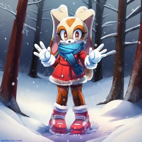 masterpiece, best quality, uploaded on e621, ((by marthedog, by doomthewolf, by naoto oshima)) 1girl, solo, looking at viewer, smile, gloves, animal ears, brown eyes, standing, full body, boots, scarf, rabbit ears, furry, rabbit, rabbit girl, furry female, pink footwear, blue scarf, cream the rabbit , sonic the hedgehog \(series\), waving, snow, outside, forest, snowy weather, trees, daytime, perfect hands, <lora:Creamtherabbit2:1>, 5 fingers, perfect hands,
