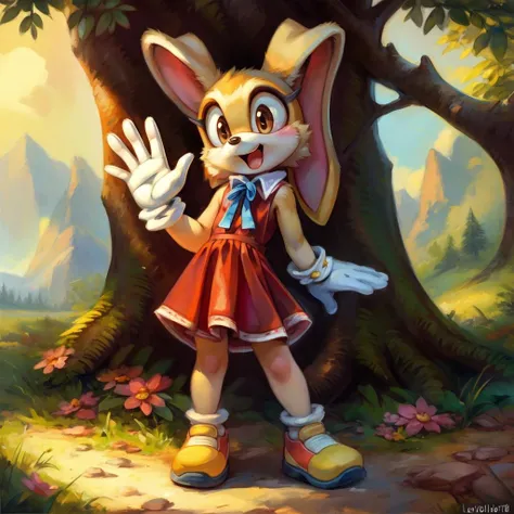 masterpiece, best quality, (by Ulitochka, by Levelviolet, by Kenket, by Buta99)),, 1girl, solo, open mouth, gloves, dress, ribbon, animal ears, brown eyes, standing, full body, shoes, sleeveless, white gloves, rabbit ears, flat chest, tree, neck ribbon, sleeveless dress, red dress, blue ribbon, child, furry, rabbit girl, furry female, hand on hip, collared dress, female child, body fur, animal nose, yellow footwear, orange dress, yellow fur, cream the rabbit , sonic the hedgehog \(series\), waving, 
 <lora:Creamtherabbit2:1>
