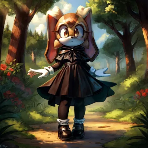 5 fingers, perfect hands, masterpiece, best quality, 1girl, solo, gloves, dress, ribbon, animal ears, brown eyes, jewelry, standing, full body, shoes, socks, white gloves, black footwear, rabbit ears, black dress, capelet, mary janes, furry, rabbit girl, furry female, black capelet, animal nose, gothic, cream the rabbit, sonic the hedgehog \(series\), solo, outside, forest, trees, clouds, day time, detailed background, uploaded on e621, (by kekitopu), detailed body fur, <lora:Creamtherabbit2:1>
