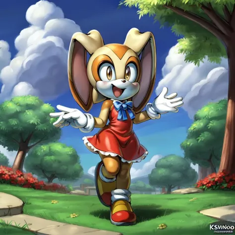 1girl, blue ribbon, neck ribbon, solo, looking at viewer, smile, open mouth, simple background, gloves, detailed background, outside, trees, clouds, grass, dress, animal ears, brown eyes, full body, white gloves, rabbit ears, red dress, furry, rabbit girl, furry female, animal nose, orange dress, cream the rabbit , sonic the hedgehog \(series\), masterpiece, best quality, <lora:Creamtherabbit2:1>, uploaded on e632, (((by kevinsano, by avante92, by tenshigarden)))