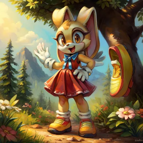masterpiece, best quality, (by Ulitochka, by Levelviolet, by Kenket, by Buta99)),, 1girl, solo, open mouth, gloves, dress, ribbon, animal ears, brown eyes, standing, full body, shoes, sleeveless, white gloves, rabbit ears, flat chest, tree, neck ribbon, sleeveless dress, red dress, blue ribbon, child, furry, rabbit girl, furry female, hand on hip, collared dress, female child, body fur, animal nose, yellow footwear, orange dress, yellow fur, cream the rabbit , sonic the hedgehog \(series\), waving,
<lora:Creamtherabbit2:1>