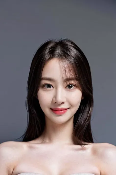 (masterpiece, top quality, best quality, (close-up photograph: 2), ((1girl)), fair skin, (((closed lips))), (extremely detailed face), looking straight, ultra-detailed eyes and pupils, ((bare pectorals)), ((bare chest)), bare head, nude dress, (((bare shoulders))), symmetrical frame, ((strapless)), (((smile))), ((symmetrical pose)), looking at viewer, (((looking at viewer))), ((symmetrical face: 1.6)), 35mm, simple grey background, ((studio lighting)), no watermark, ((brown hair)), <lora:dasomlorashy:1>