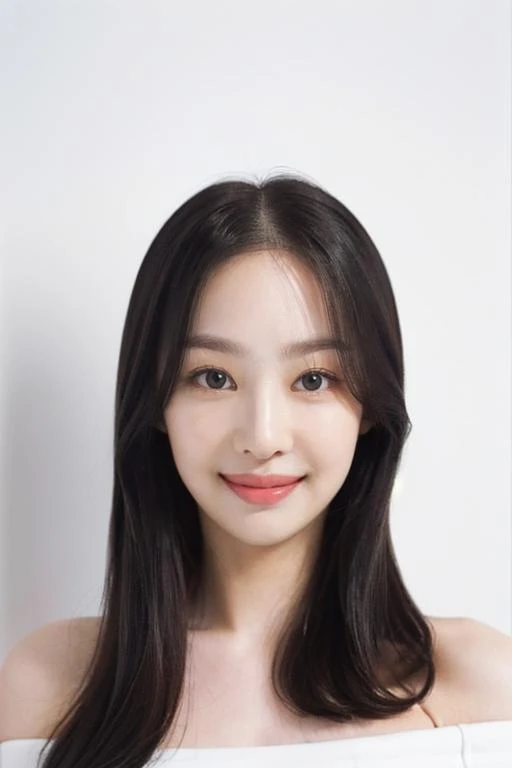 (masterpiece, top quality, best quality, (close-up photograph: 2), ((1girl)), big face, ((wide face)), long face, korean, (((white skin))), (extremely detailed face), ((looking at viewer)), ((((ultra-detailed eyes and pupils)))), ((((ultra-detailed lips)))) ((bare pectorals)), ((bare chest)), ((tube dress)), bare head, ((bare shoulders)), symmetrical frame, (((strapless))), ((smile)), ((symmetrical pose)), (symmetrical face: 1.6), 35mm, ((((minimal plain white background)))), ((no lighting)), black hair, ((((long hair)))), no watermark, <lora:bomilorashy:1>