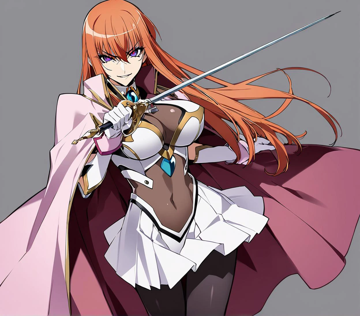 1girl, Maya Cordelia, solo, masterpiece, general, solo, official art, holding rapier, rapier, looking at viewer, v-shaped eyebrows, evil smile, see-through impossible bodysuit, wrist cuffs elbow gloves, black pantyhose, pink cape, white background, simple background, draw by mochizuki kei, <lora:Maya_anV31-000076:0.6>,