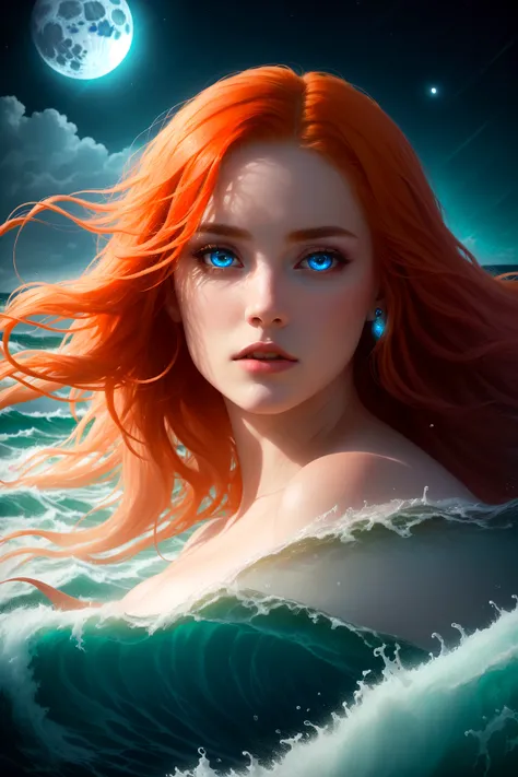 couple, a man with ginger hair, yellow eyes and a beautiful woman with long dark ginger hair and yellow eyes, around water , siren tiara , focus on face, under dark water