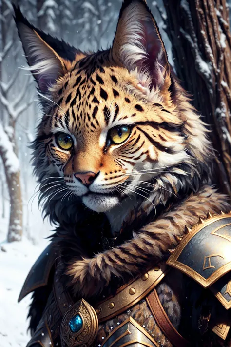 Shaman tabaxi female tan spotted fur tabaxi lynx, thin build, wearing intricate mail armor, holding a gnarled staff adorned with mushrooms and bone, realistic render, Dungeons and Dragons, Fantasy, octane render, zbrush. Character design, photorealistic, unreal engine, hyper-detailed, concept art, trending on art station. ((best quality)), ((masterpiece)), ((realistic)), (detailed), close up portrait, full body portrait, , highly detailed fur, looking at the viewer, Fantasy art, stunning gradient colors, no watermark signature, closed mouth, detailed background, snowy background, closed mouth, insanely detailed, ((masterpiece)), absurdres, HDR.