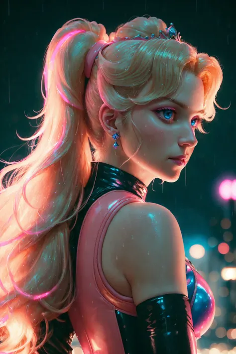 Up close portrait of Princess Peach wearing a pink leather bodysuit, sexy, from behind, blonde hair in ponytail, night time rain, cyberpunk city, bright blue eyes, detailed crown, ((best quality)), intricate detailing, radiant, ethereal glow, luminous, Cinematic, Filmic, medium shot, 4k, Front-light, Cinematic Lighting,