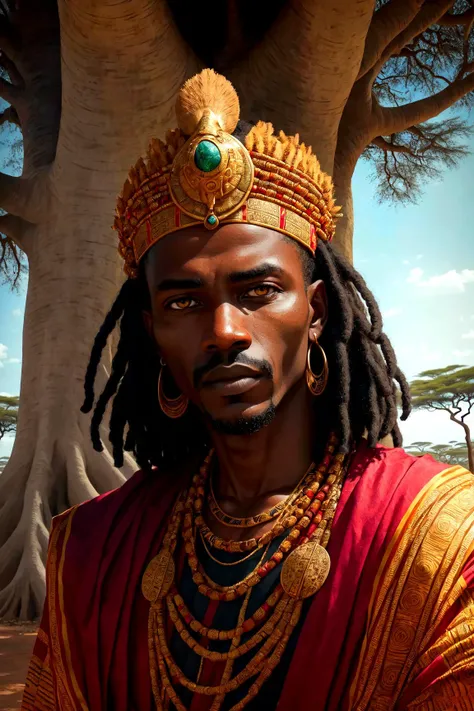 Up close Portrait, photograph, of a mature (king:0.7) with a commanding presence, wearing an elaborate headdress, penetrating amber eyes, closely cropped black hair, solo, sitting underneath a baobab tree,, intricate background, proud face, (African savannah theme:1.1), African art, 4k, 8k, absurdres, extreme quality, intricate skin details
