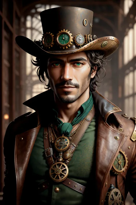 Steampunk explorer, charismatic Brazilian|Thai man, with messy hair, outfitted in detailed vintage-inspired gear, realistic rendering, Jules Verne, Steampunk, Substance Painter render, Autodesk 3ds Max. Character blueprint, photorealistic, Godot engine, precision-detailed, concept art, trending on Behance. ((top-tier quality)), ((magnum opus)), ((realistic)), (detailed), close-up portrait, full-body depiction, vibrant green eyes, dressed in steampunk attire, highly detailed skin and hair, engaging the viewer, Steampunk art, rich sepia tones, no watermark signature, firm mouth, detailed background, grand airship hangar, mouth tightly shut, extraordinary detail, ((masterpiece)), super high-resolution, HDR.