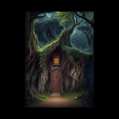 highly detailed photograph of a dark fantasy landscape, wooden door in the shape of a keyhole in the side of a rock face with gnarled tree roots twisting around it, a gazing eye starring from the hillside above a doorway, a leaning tree at the top of a hill, dark gothic fantasy, medieval ruins <lora:add_detail:0.7> <lora:DestroyedPortrait-000150:0.5>