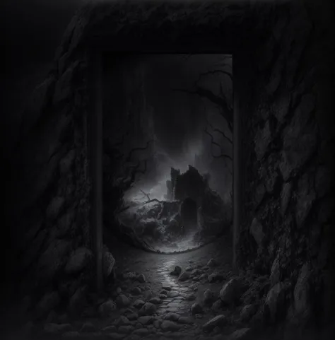 highly detailed illustration of a dark fantasy landscape at night time with fog, crumbling stone wall with a empty doorway, twisted and barren branches, shadows of crumbling stone keep with one small window, foggy background, dark gothic fantasy, haunted surrealism, medieval ruins, elden ring, foggy mysterious night, lord of the rings <lora:add_detail:0.7>