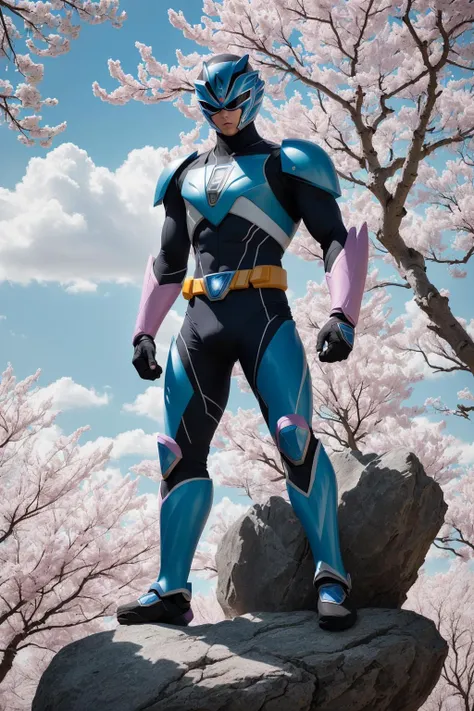 1man, medium long shot, a dark_gray and light_blue power ranger in a fighting stance, power rangers zeo style, perfect finger, good hand, standing on rock cliff, forest of pink cherry blossoms trees, blue cloudy sky, sunbeams, Best quality, ultra-detailed, 8k resolution, (photorealistic:1.5), RAW, deep shadows,