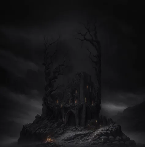highly detailed illustration of a dark fantasy landscape at night time with fog, crumbling stone wall with a empty doorway, twisted and barren branches, shadows of crumbling stone keep with one small window, foggy background, dark gothic fantasy, haunted surrealism, medieval ruins, elden ring, foggy mysterious night, lord of the rings <lora:add_detail:0.7>