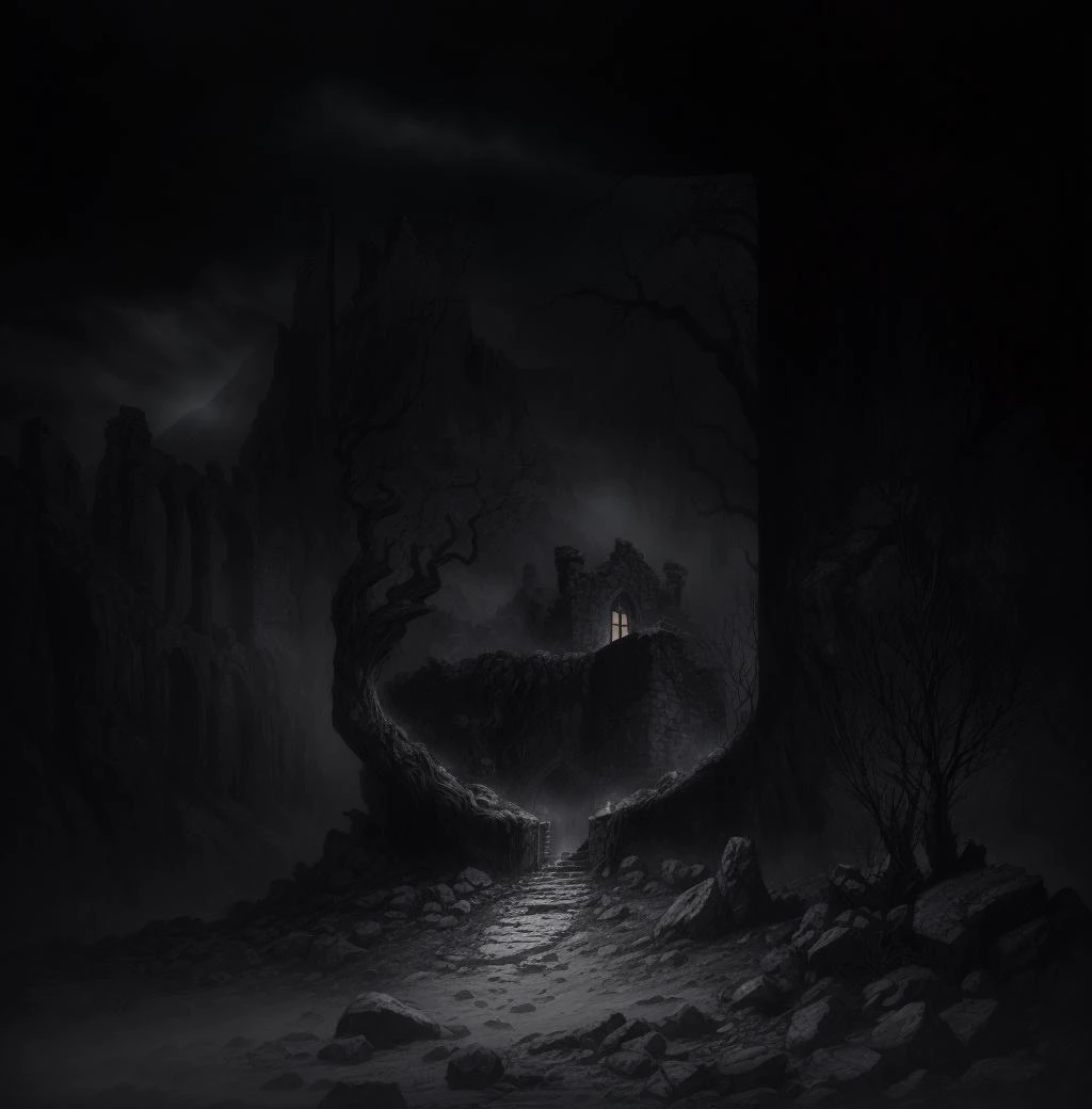 highly detailed illustration of a dark fantasy landscape at night time with fog, crumbling stone wall with a empty doorway, twisted and barren branches, shadows of crumbling stone keep with one small window, foggy background, dark gothic fantasy, haunted surrealism, medieval ruins, elden ring, foggy mysterious night, lord of the rings <lora:add_detail:0.7>