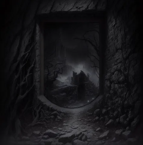 highly detailed illustration of a dark fantasy landscape at night time with fog, crumbling stone wall with a empty doorway, twisted and barren branches, shadows of crumbling stone keep with one small window, foggy background, dark gothic fantasy, haunted surrealism, medieval ruins, elden ring, foggy mysterious night, lord of the rings <lora:add_detail:0.7>