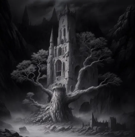 highly detailed illustration of a dark fantasy landscape at night time with fog, crumbling stone tower, twisted glowing white tree, shadows of crumbling stone keep with one small window, foggy background, dark gothic fantasy, haunted surrealism, medieval ruins, elden ring, foggy mysterious night, lord of the rings <lora:add_detail:0.7>