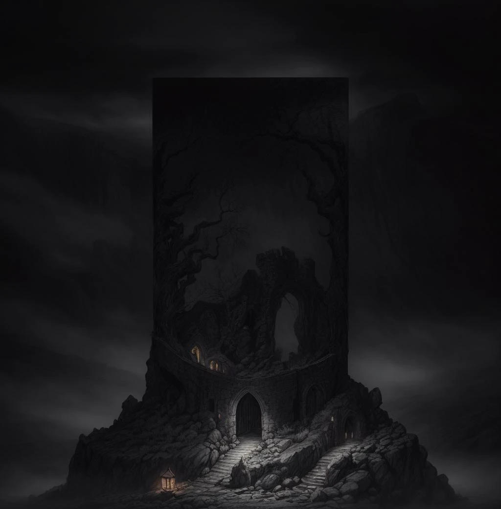 highly detailed illustration of a dark fantasy landscape at night time with fog, crumbling stone wall with a empty doorway, twisted and barren branches, shadows of crumbling stone keep with one small window, foggy background, dark gothic fantasy, haunted surrealism, medieval ruins, elden ring, foggy mysterious night, lord of the rings <lora:add_detail:0.7>