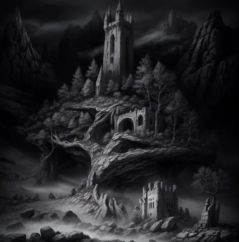 highly detailed illustration of a dark fantasy landscape at night time with fog, crumbling stone tower, twisted glowing white tree, shadows of crumbling stone keep with one small window, foggy background, dark gothic fantasy, haunted surrealism, medieval ruins, elden ring, foggy mysterious night, lord of the rings <lora:add_detail:0.7>