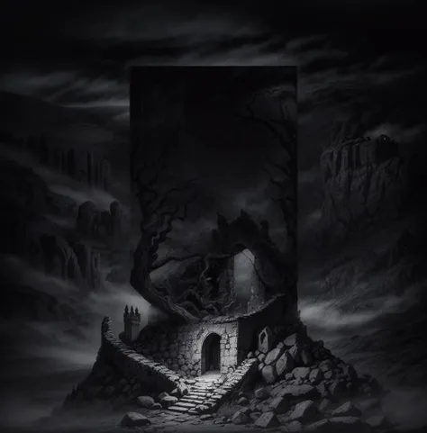 highly detailed illustration of a dark fantasy landscape at night time with fog, crumbling stone wall with a empty doorway, twisted and barren branches, shadows of crumbling stone keep with one small window, foggy background, dark gothic fantasy, haunted surrealism, medieval ruins, elden ring, foggy mysterious night, lord of the rings <lora:add_detail:0.7>