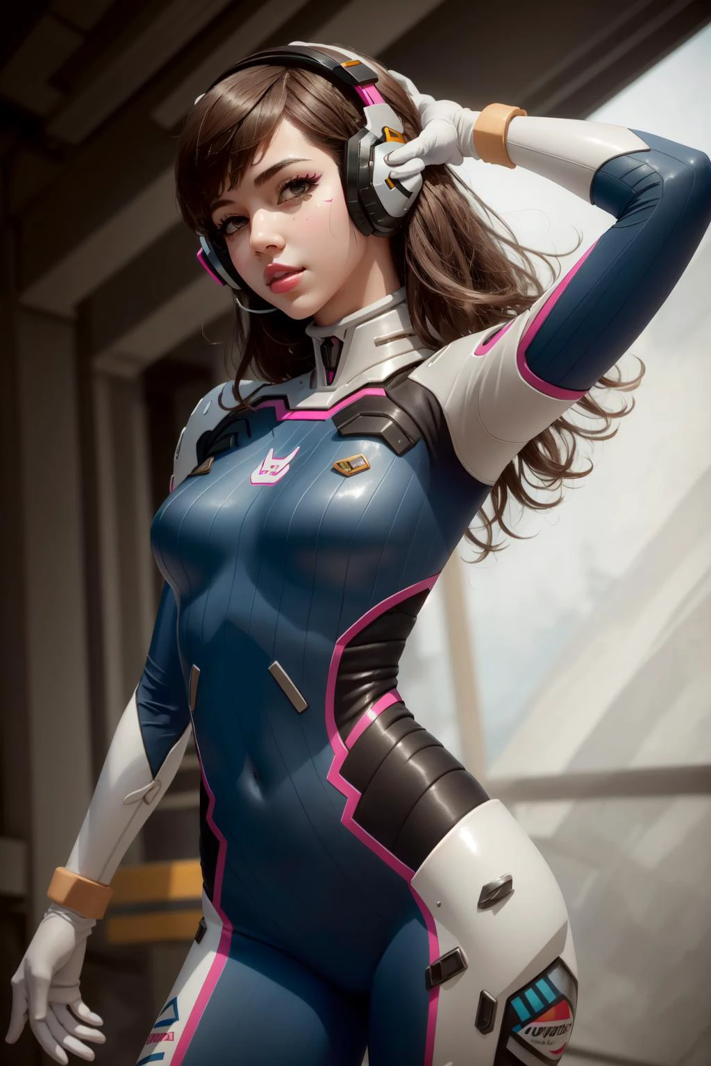 (masterpiece, best quality), intricate details,
1girl, <lora:dva:0.8> 1girl, d.va (overwatch), solo, long hair, whisker markings, bodysuit, brown hair, facial mark, gloves, breasts, brown eyes, pilot suit, cowboy shot, headphones, white gloves, medium breasts, swept bangs, skin tight, animal print, bangs, bunny print, ribbed bodysuit, facepaint, pink lips,
